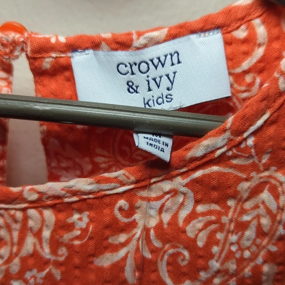 Crown & Ivy Orange + White Floral Ruffle Blouse Cap Sleeves Girls Size M NEW